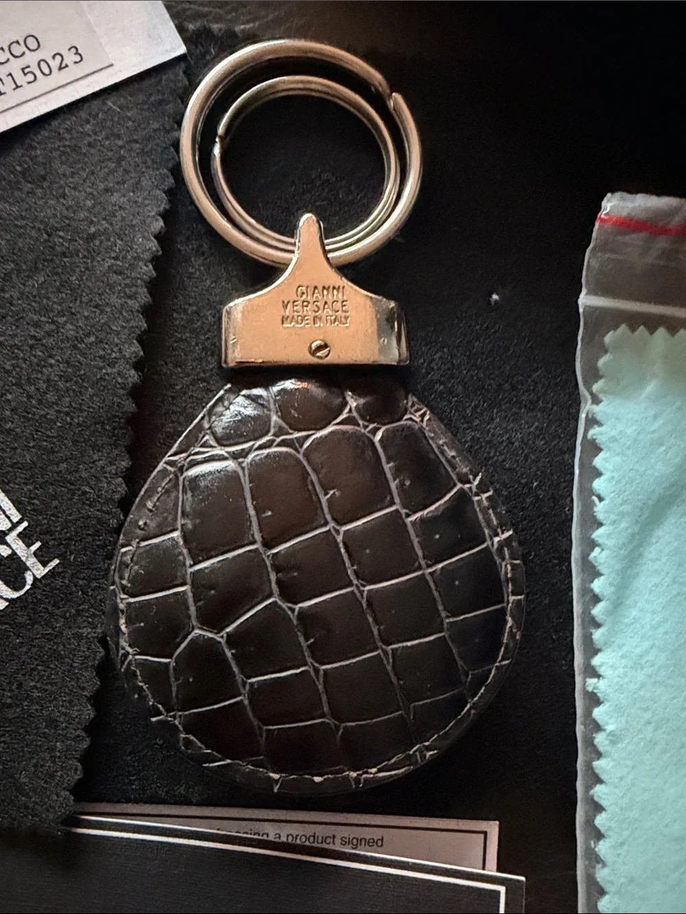 Versace Black Croc-Texture Leather Keyring with silver-Tone Medusa Detail